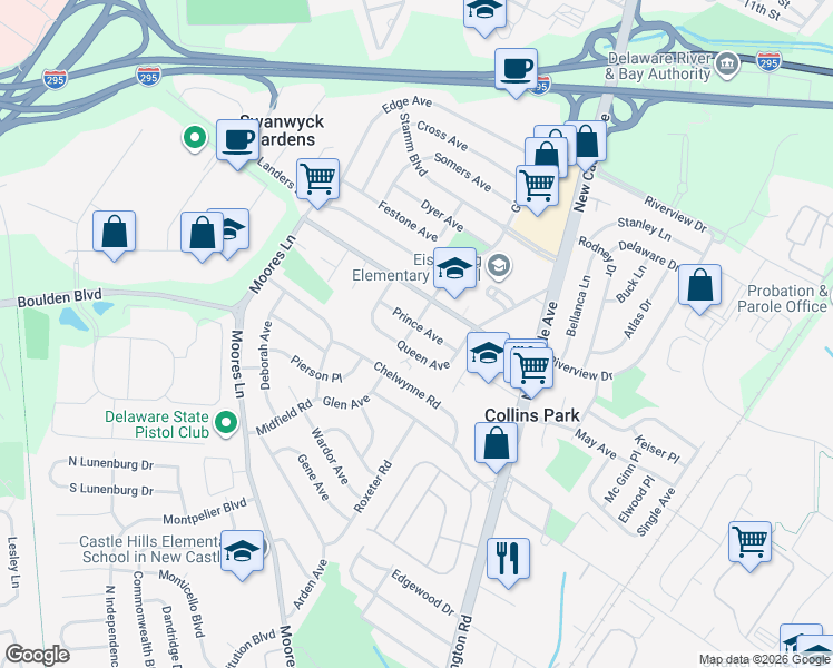 map of restaurants, bars, coffee shops, grocery stores, and more near 6 South Glen Avenue in New Castle