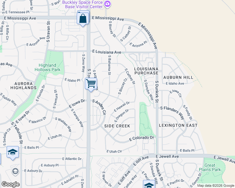 map of restaurants, bars, coffee shops, grocery stores, and more near 1497 South Biscay Court in Aurora