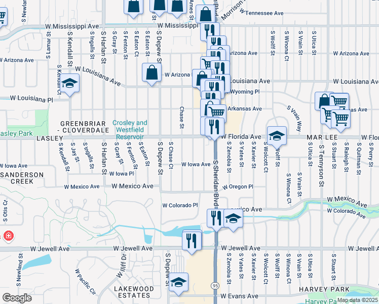 map of restaurants, bars, coffee shops, grocery stores, and more near 1553 South Benton Street in Lakewood
