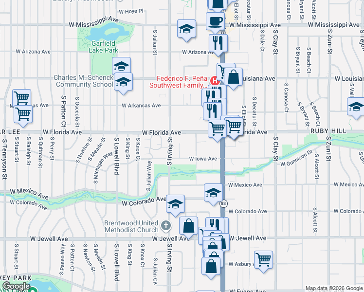 map of restaurants, bars, coffee shops, grocery stores, and more near 1542 South Hooker Street in Denver