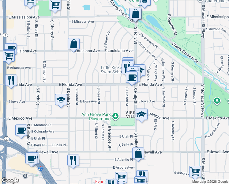 map of restaurants, bars, coffee shops, grocery stores, and more near 1500 South Glencoe Street in Denver