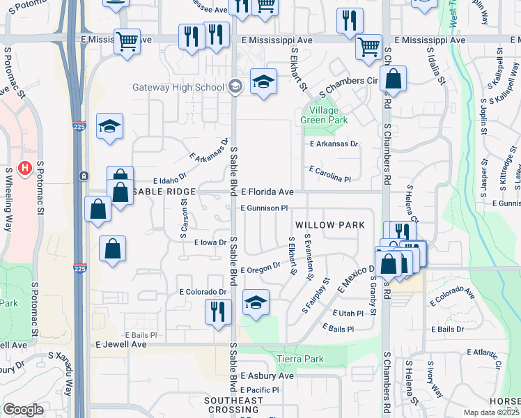 map of restaurants, bars, coffee shops, grocery stores, and more near 1500 South Dearborn Street in Aurora