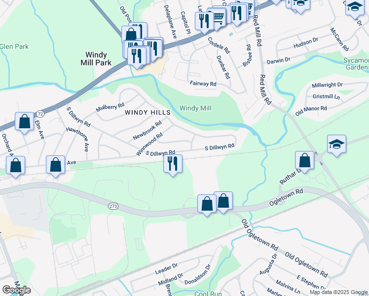map of restaurants, bars, coffee shops, grocery stores, and more near 232 South Dillwyn Road in Newark