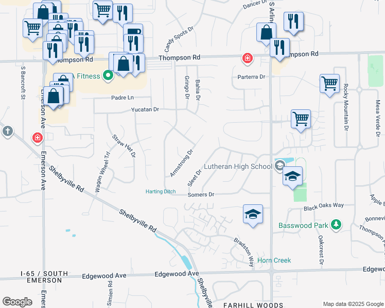 map of restaurants, bars, coffee shops, grocery stores, and more near 5413 Armstrong Drive in Indianapolis
