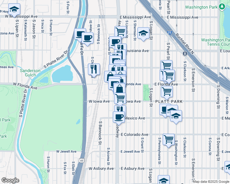 map of restaurants, bars, coffee shops, grocery stores, and more near 1545 South Broadway in Denver