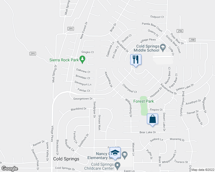 map of restaurants, bars, coffee shops, grocery stores, and more near 17604 Alexandria Court in Reno