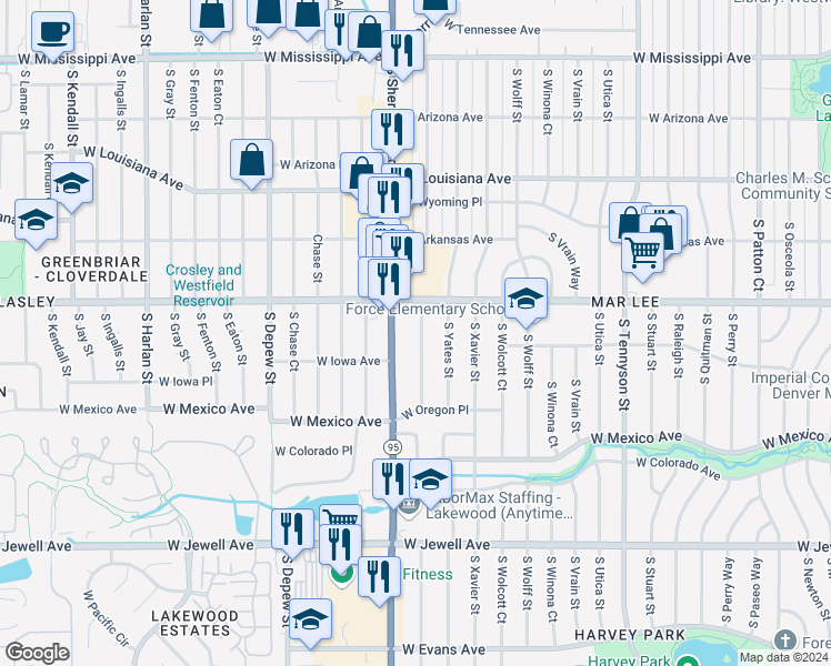 map of restaurants, bars, coffee shops, grocery stores, and more near 1555 South Zenobia Street in Denver