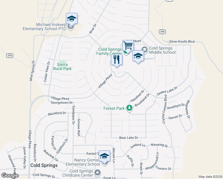 map of restaurants, bars, coffee shops, grocery stores, and more near 18224 Silverleaf Court in Reno