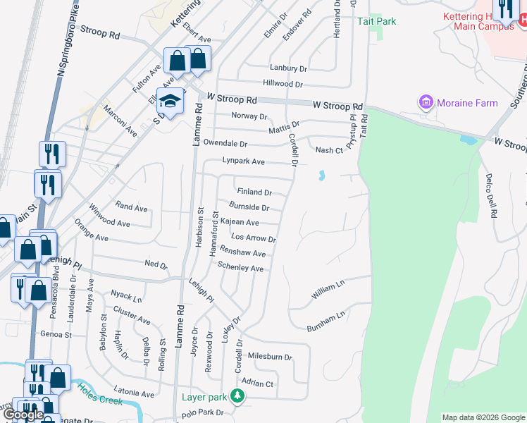 map of restaurants, bars, coffee shops, grocery stores, and more near 2150 Burnside Drive in Dayton