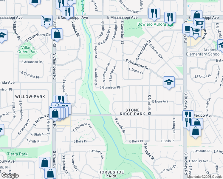 map of restaurants, bars, coffee shops, grocery stores, and more near 15998 East Gunnison Place in Aurora