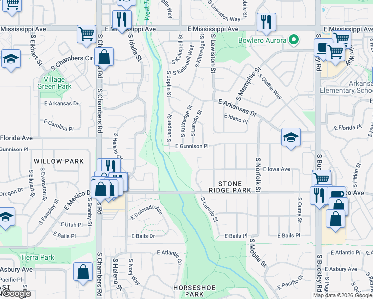 map of restaurants, bars, coffee shops, grocery stores, and more near 15998 East Gunnison Place in Aurora