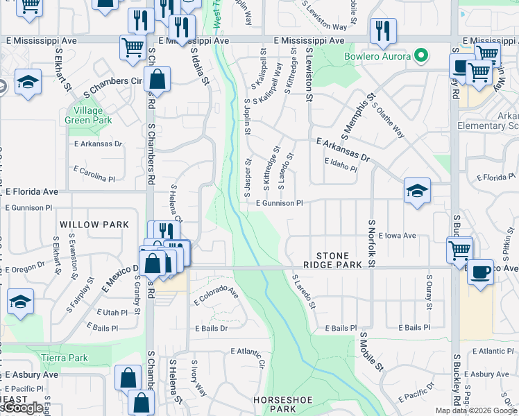 map of restaurants, bars, coffee shops, grocery stores, and more near 15754 East Gunnison Place in Aurora