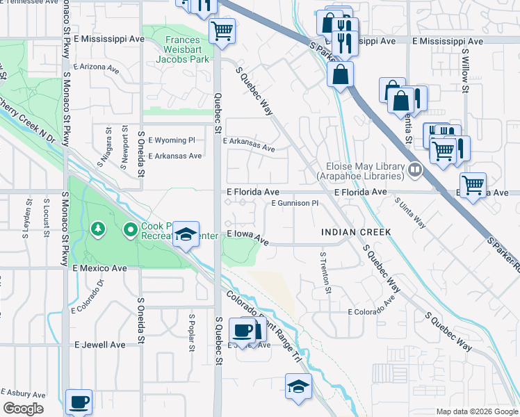 map of restaurants, bars, coffee shops, grocery stores, and more near 1561 South Roslyn Street in Denver