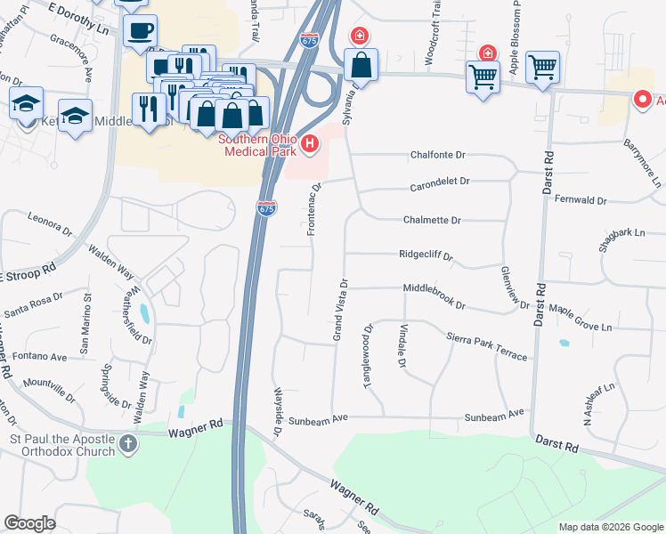 map of restaurants, bars, coffee shops, grocery stores, and more near 4375 Frontenac Drive in Dayton