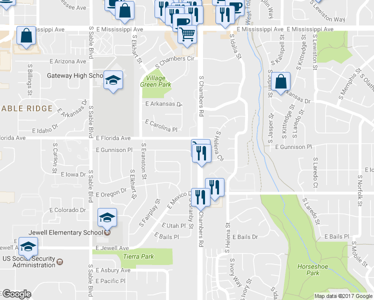 map of restaurants, bars, coffee shops, grocery stores, and more near 1500 South Granby Street in Aurora
