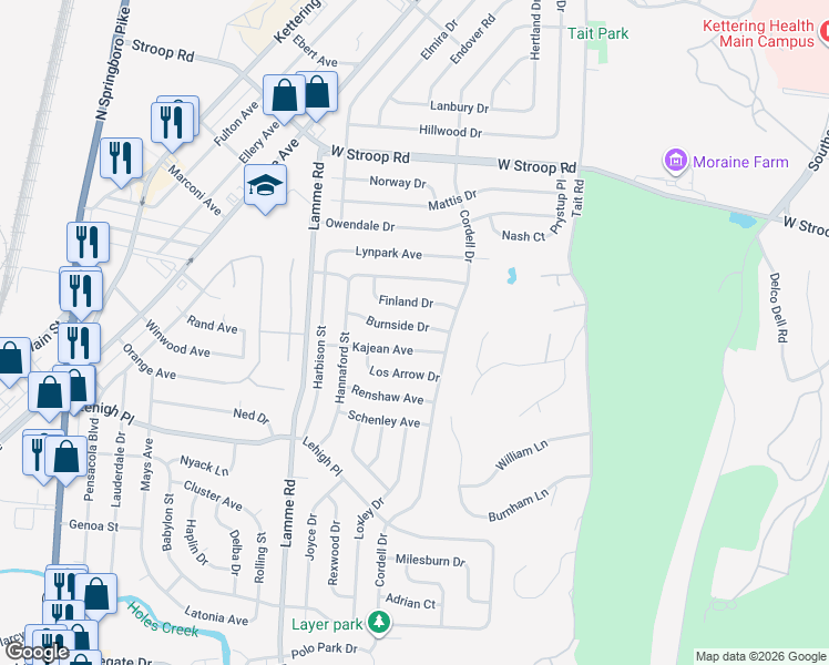 map of restaurants, bars, coffee shops, grocery stores, and more near 2150 Burnside Drive in Dayton