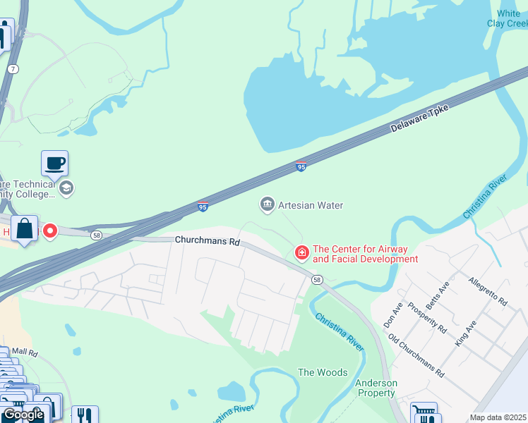 map of restaurants, bars, coffee shops, grocery stores, and more near 664 Churchmans Road in Newark