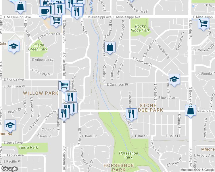 map of restaurants, bars, coffee shops, grocery stores, and more near 15754 East Gunnison Place in Aurora