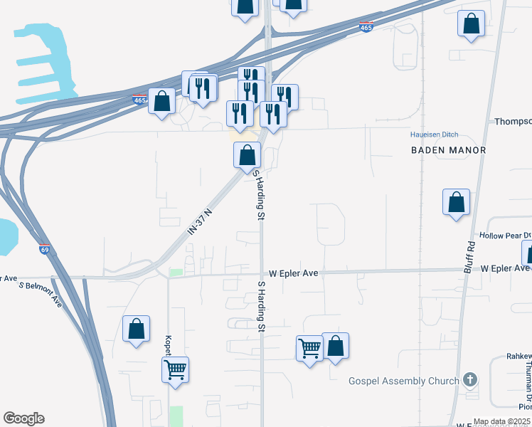 map of restaurants, bars, coffee shops, grocery stores, and more near 5245 South Harding Street in Indianapolis
