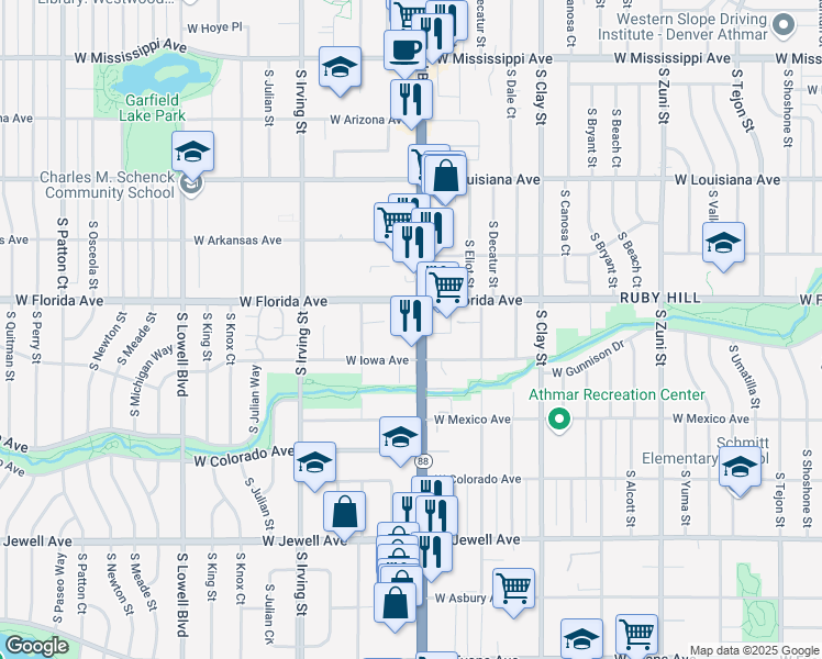 map of restaurants, bars, coffee shops, grocery stores, and more near 1537 South Federal Boulevard in Denver