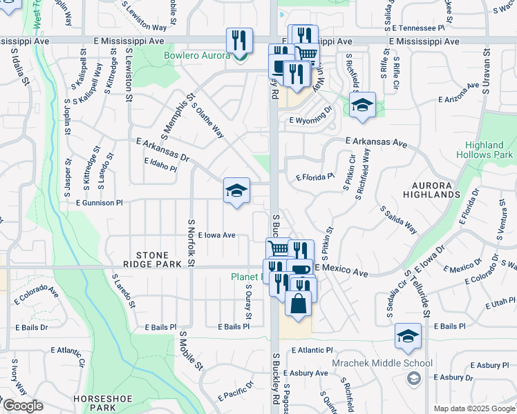 map of restaurants, bars, coffee shops, grocery stores, and more near 1546 South Ouray Circle in Aurora