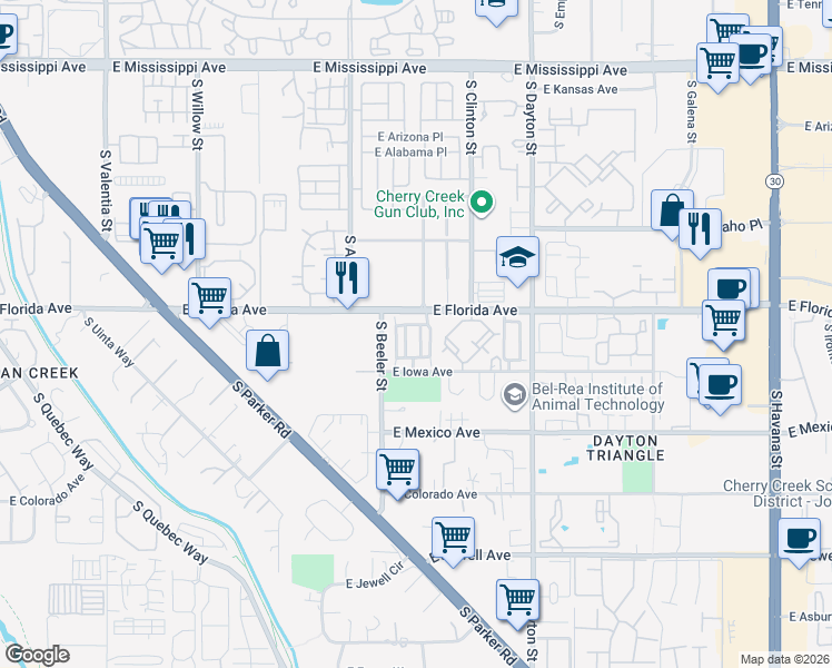 map of restaurants, bars, coffee shops, grocery stores, and more near 9 East Florida Avenue in Denver