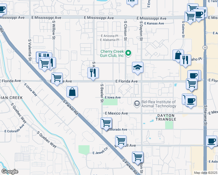 map of restaurants, bars, coffee shops, grocery stores, and more near 9 East Florida Avenue in Denver