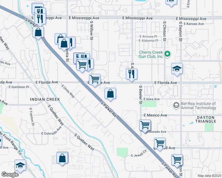 map of restaurants, bars, coffee shops, grocery stores, and more near 8822 East Florida Avenue in Aurora