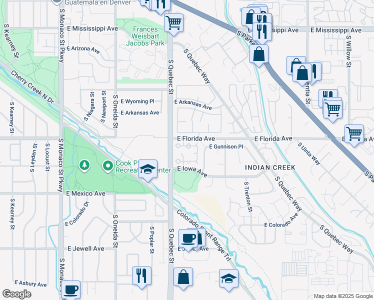 map of restaurants, bars, coffee shops, grocery stores, and more near 7373 East Iowa Avenue in Denver