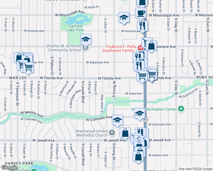 map of restaurants, bars, coffee shops, grocery stores, and more near 3300 West Florida Avenue in Denver