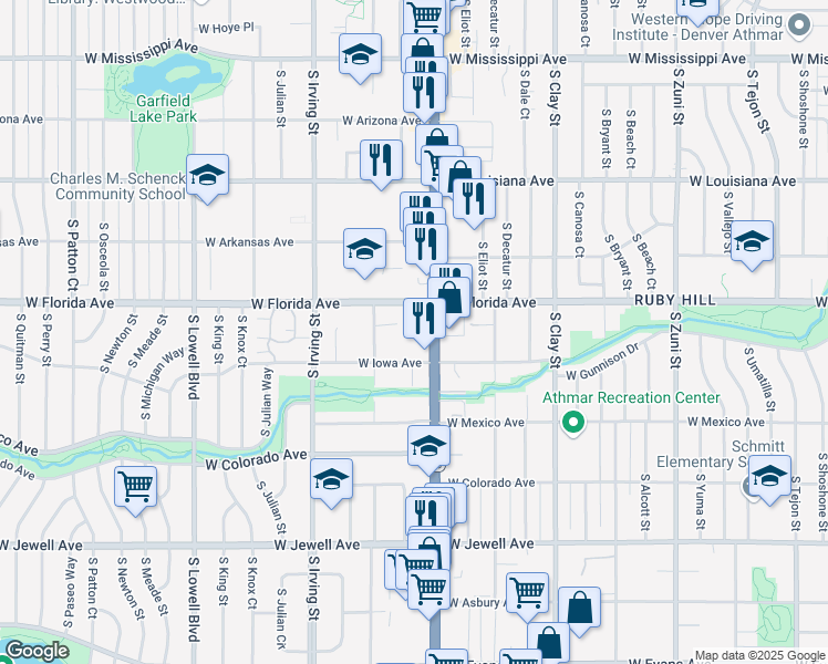 map of restaurants, bars, coffee shops, grocery stores, and more near 1537 South Federal Boulevard in Denver