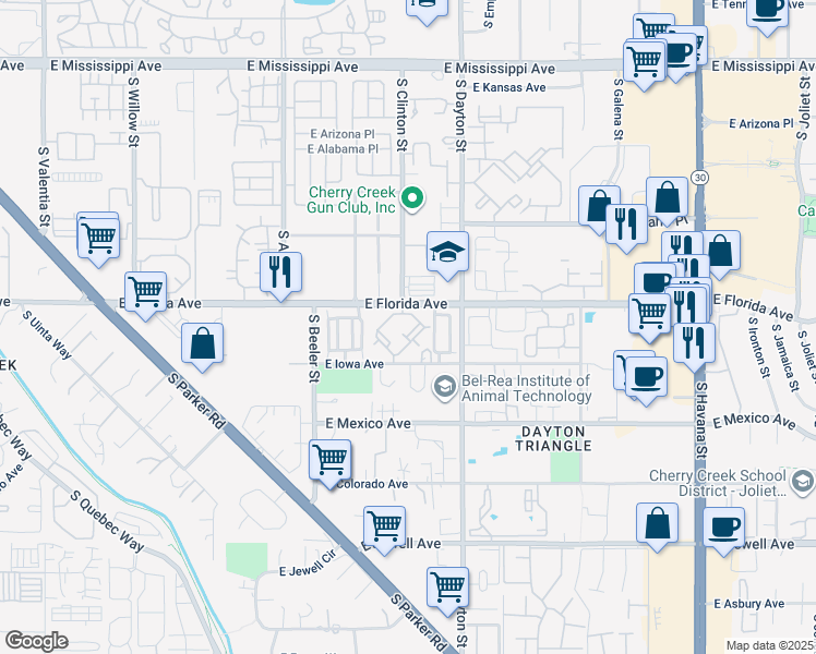 map of restaurants, bars, coffee shops, grocery stores, and more near 9510 East Florida Avenue in Denver