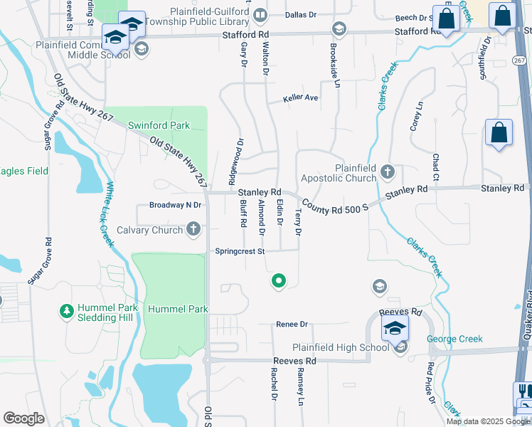 map of restaurants, bars, coffee shops, grocery stores, and more near 1221 Almond Drive in Plainfield