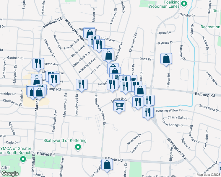 map of restaurants, bars, coffee shops, grocery stores, and more near 1801 East Stroop Road in Dayton