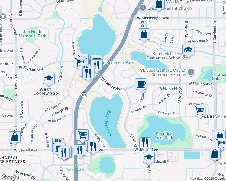 map of restaurants, bars, coffee shops, grocery stores, and more near 10322 West Florida Avenue in Lakewood