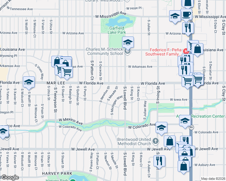 map of restaurants, bars, coffee shops, grocery stores, and more near 1537 South Meade Street in Denver
