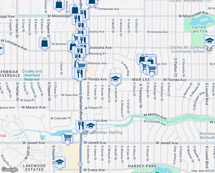 map of restaurants, bars, coffee shops, grocery stores, and more near 1560 South Xavier Street in Denver