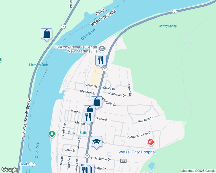 map of restaurants, bars, coffee shops, grocery stores, and more near 16 Oriole Dr in New Martinsville