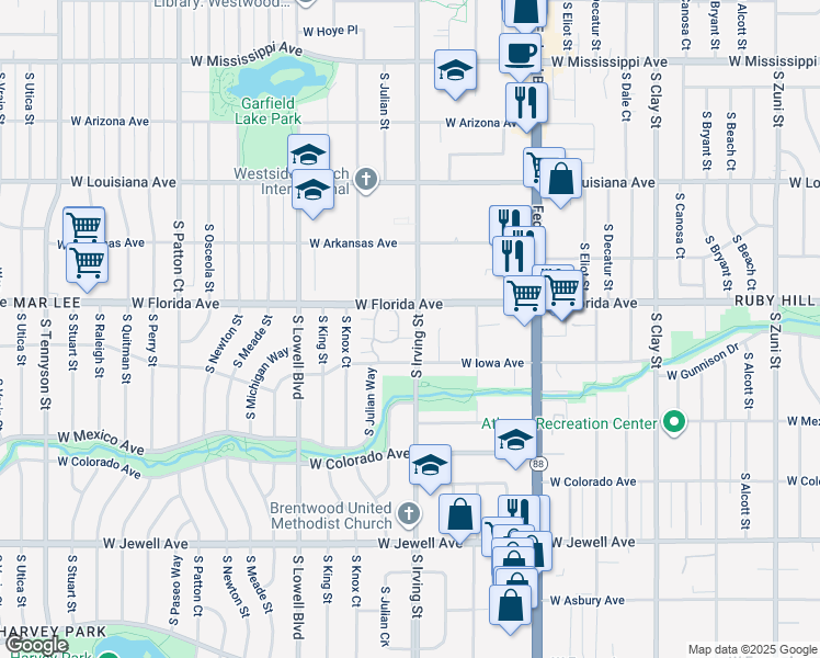 map of restaurants, bars, coffee shops, grocery stores, and more near 3300 West Florida Avenue in Denver