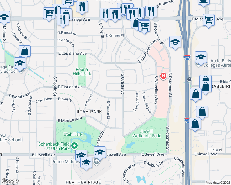 map of restaurants, bars, coffee shops, grocery stores, and more near 12917 East Florida Avenue in Aurora