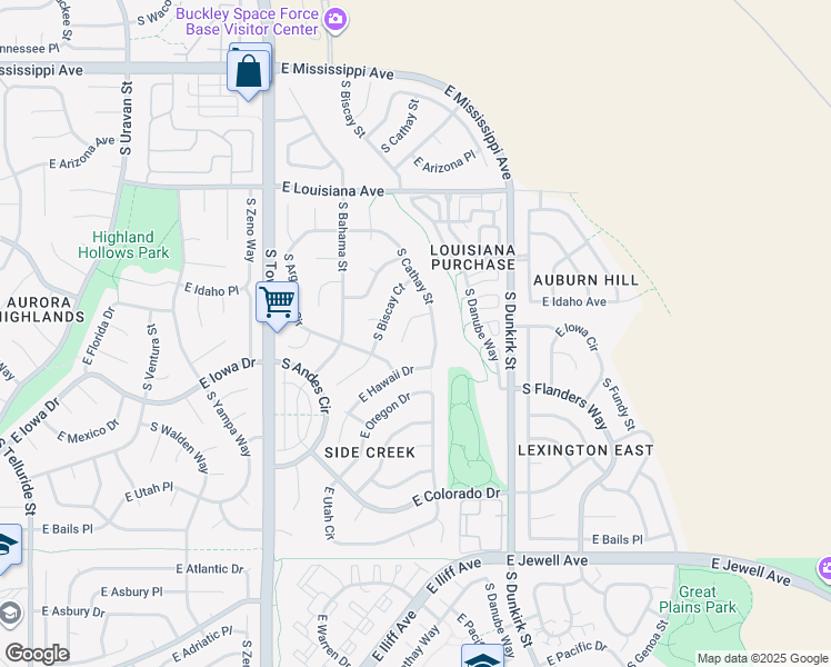 map of restaurants, bars, coffee shops, grocery stores, and more near 1455 South Cathay Street in Aurora
