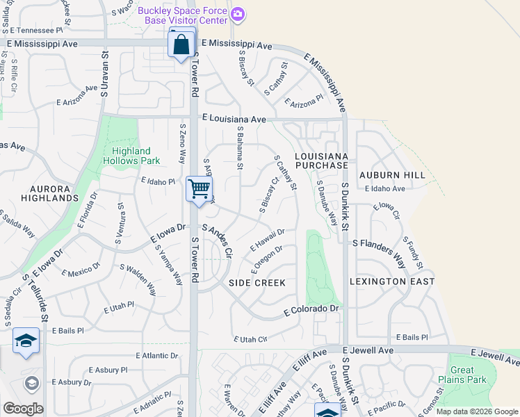 map of restaurants, bars, coffee shops, grocery stores, and more near 18831 East Gunnison Place in Aurora