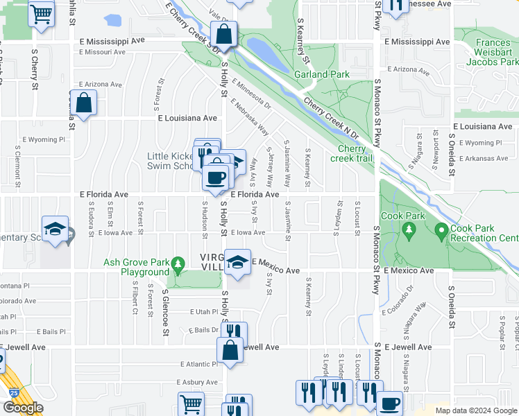 map of restaurants, bars, coffee shops, grocery stores, and more near 1563 South Ivy Street in Denver