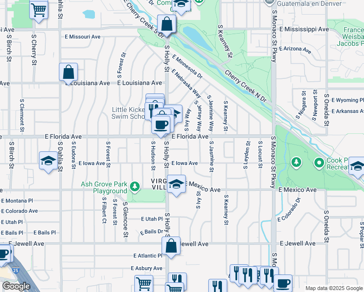map of restaurants, bars, coffee shops, grocery stores, and more near 1563 South Ivy Street in Denver