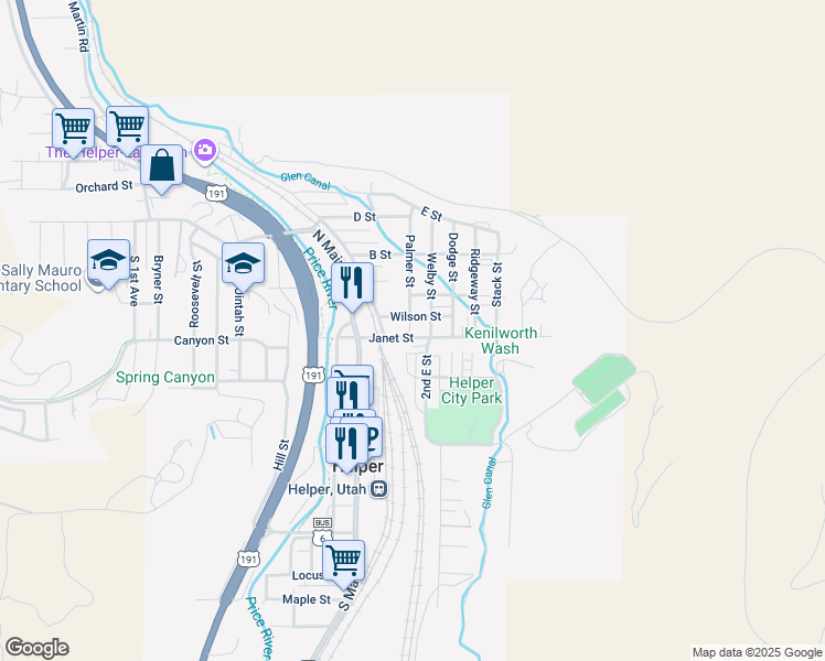 map of restaurants, bars, coffee shops, grocery stores, and more near 179 Janet Street in Helper