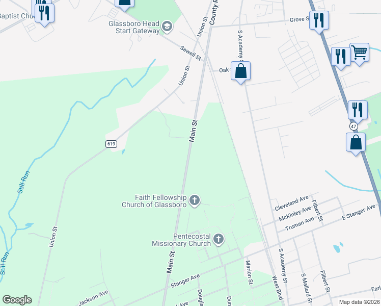 map of restaurants, bars, coffee shops, grocery stores, and more near 122-170 Main Street in Glassboro