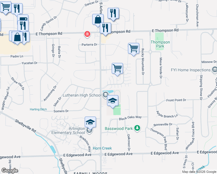 map of restaurants, bars, coffee shops, grocery stores, and more near 5432 Carriage Corner Place in Indianapolis