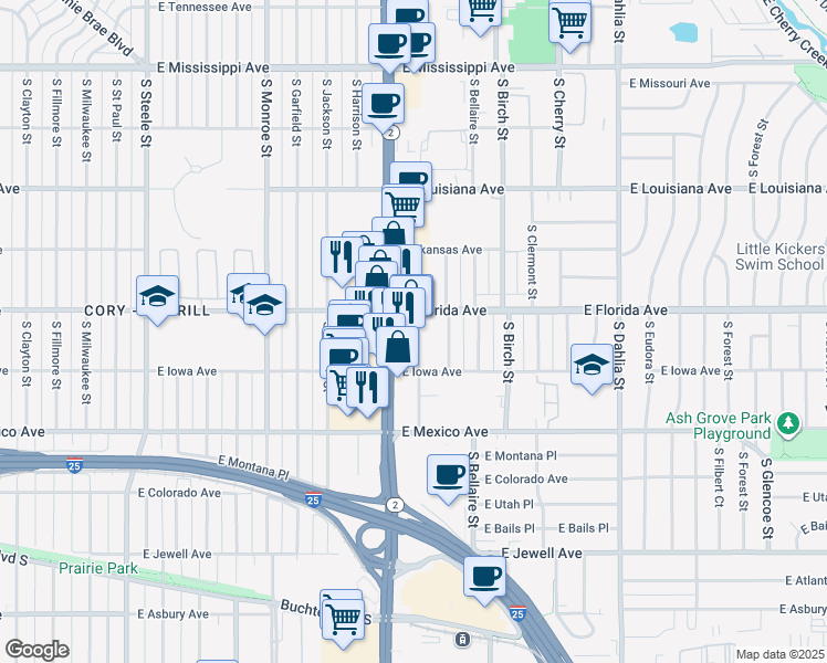 map of restaurants, bars, coffee shops, grocery stores, and more near 1550 South Colorado Boulevard in Denver