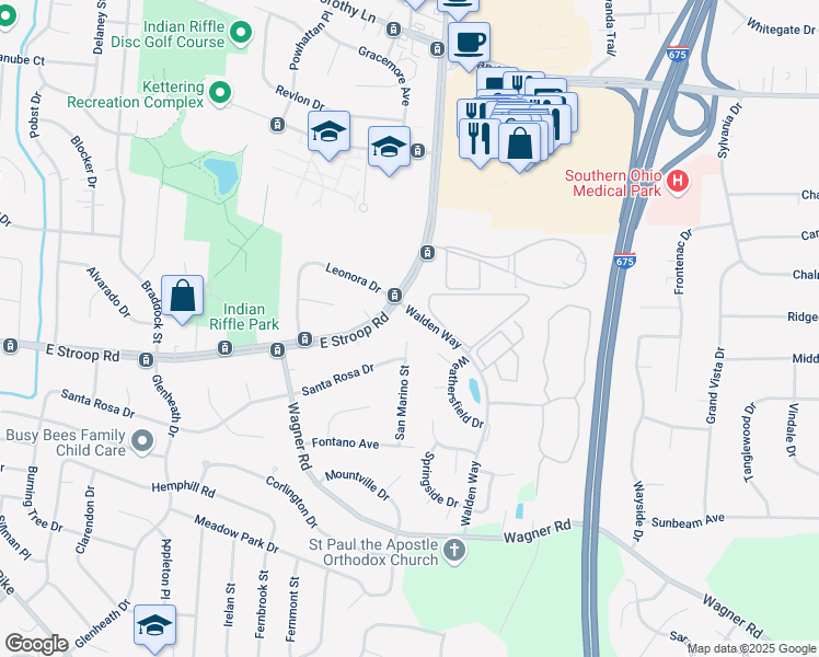 map of restaurants, bars, coffee shops, grocery stores, and more near 3170 East Stroop Road in Kettering