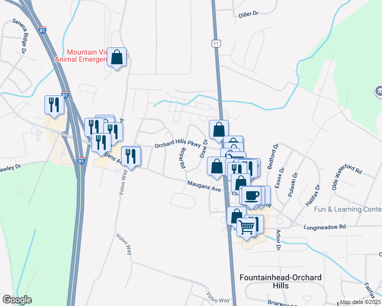 map of restaurants, bars, coffee shops, grocery stores, and more near 18606 Royal Circle in Hagerstown
